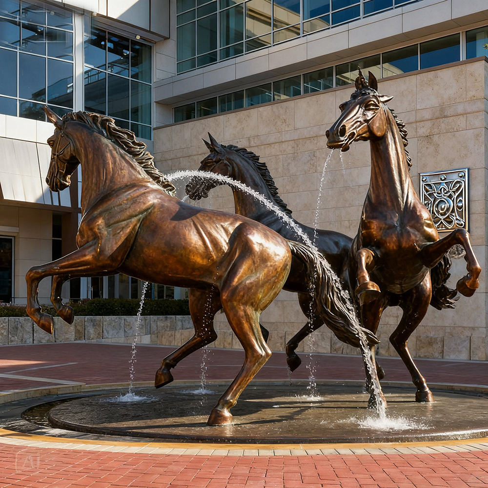 Bronze Rearing Horse Fountain in a circular plaza