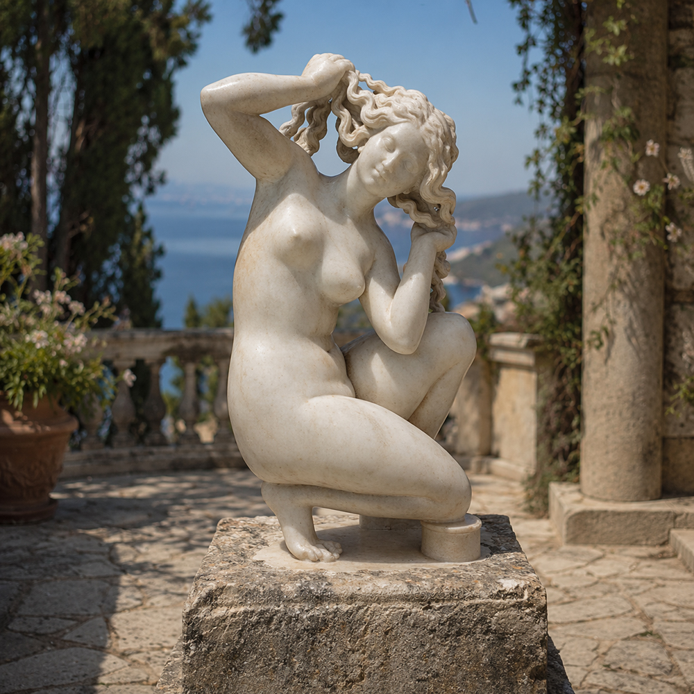 Crouching Aphrodite of Rhodes marble outdoor statue