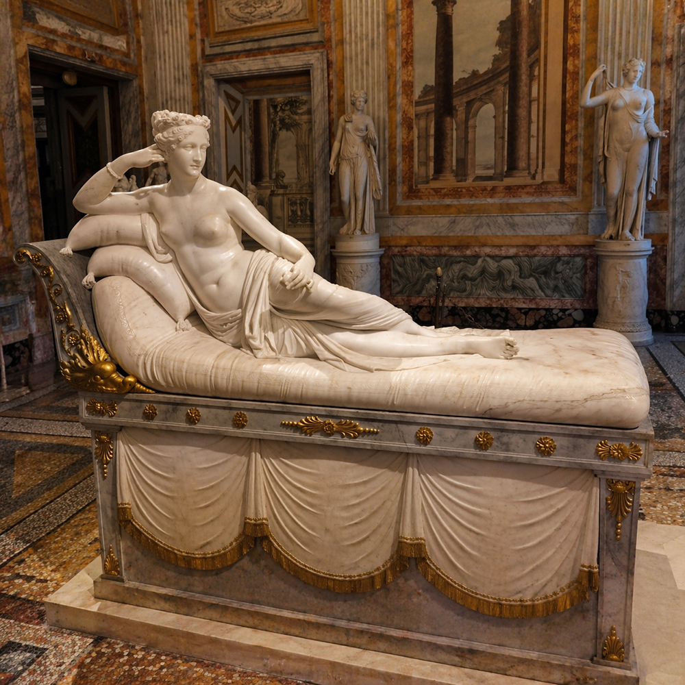 Reclining Venus on couch in marble chamber