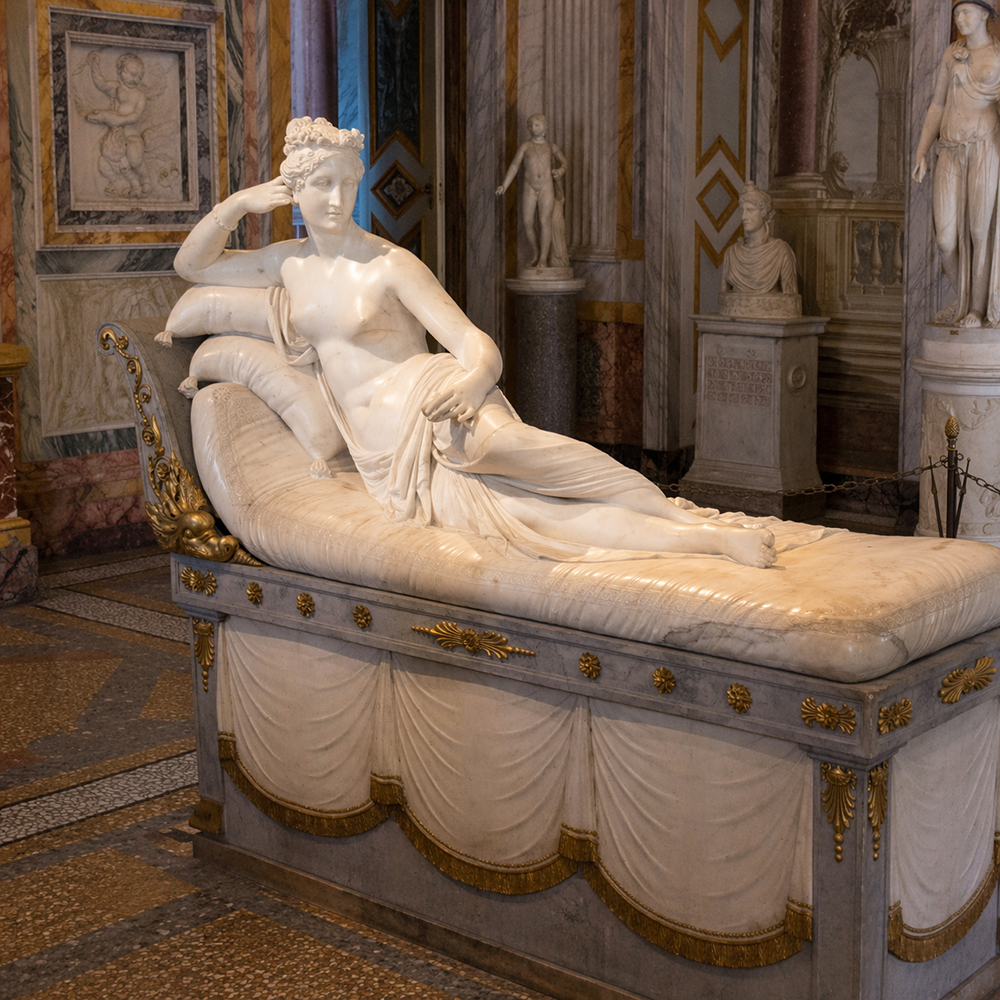 Venus Victrix lounging with drapery and cushions