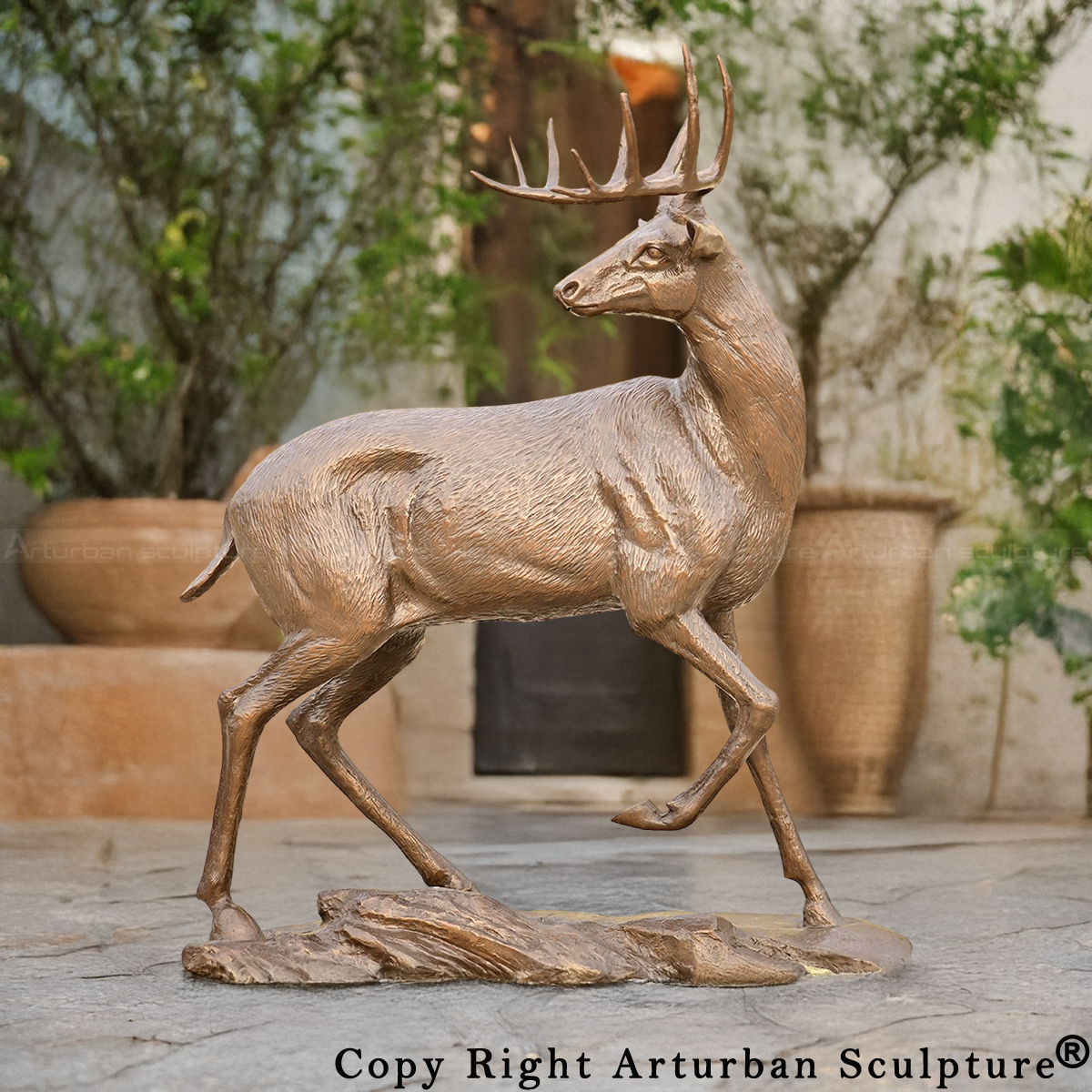 White-Tailed Deer Stag bronze Sculpture looking back
