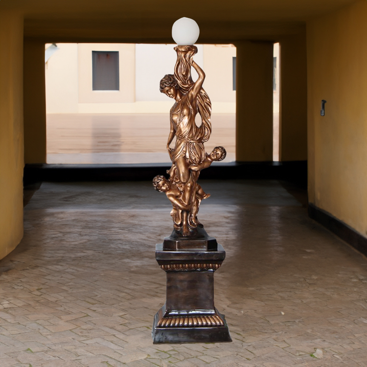 bronze Lady with Cherub Sculpture holding globe lamp