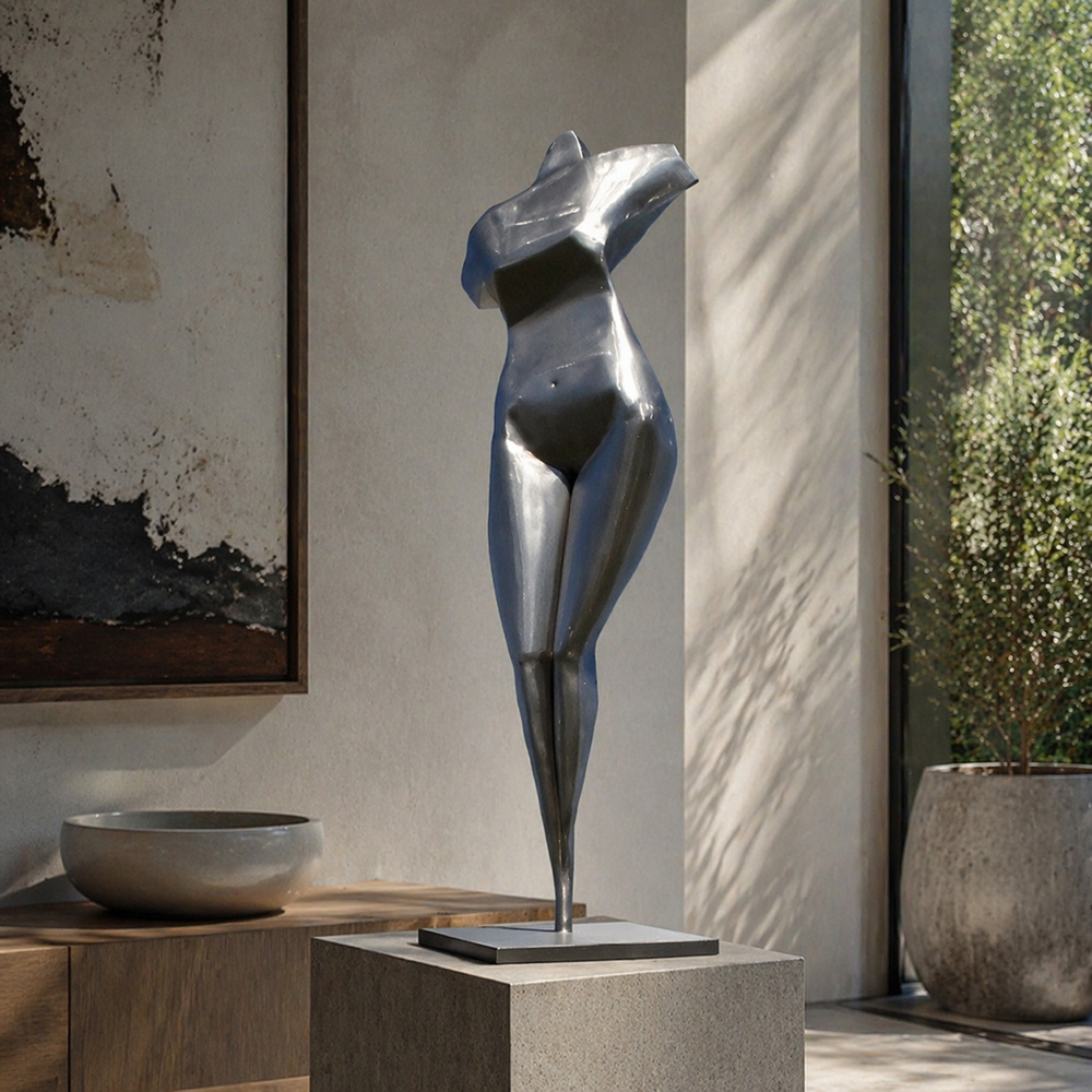 stainless abstract torso sculpture indoor