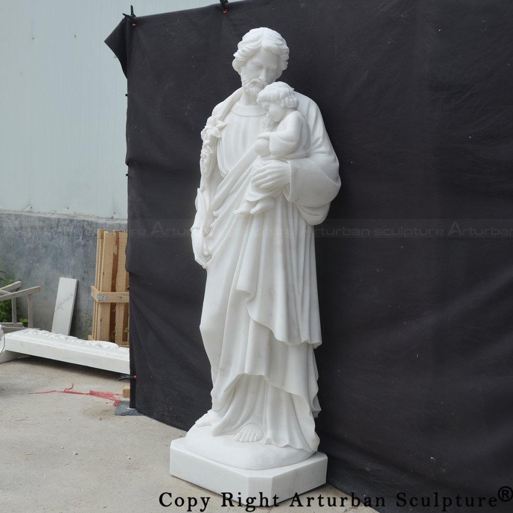 4 White marble Saint Joseph holding Child Jesus