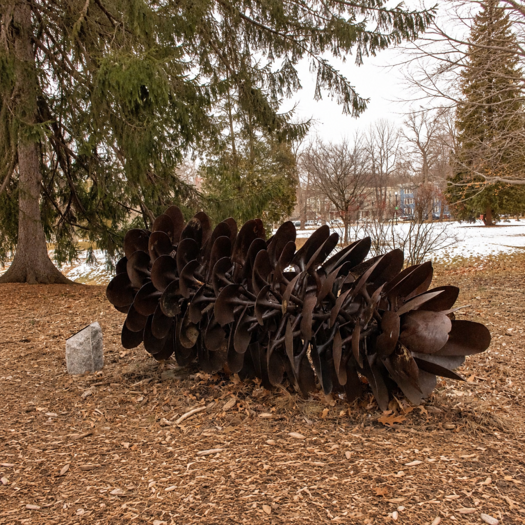 large metal pine cone under trees