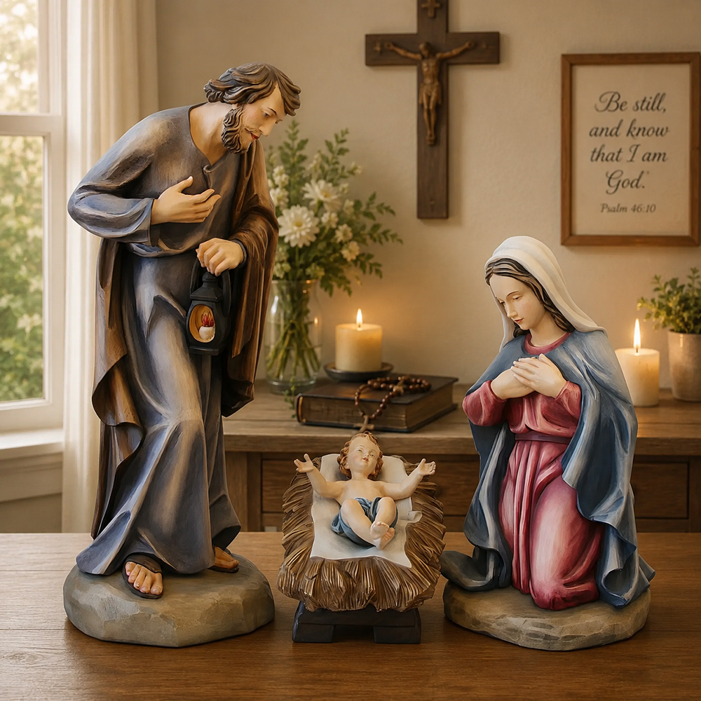 Indoor fiberglass nativity set on table