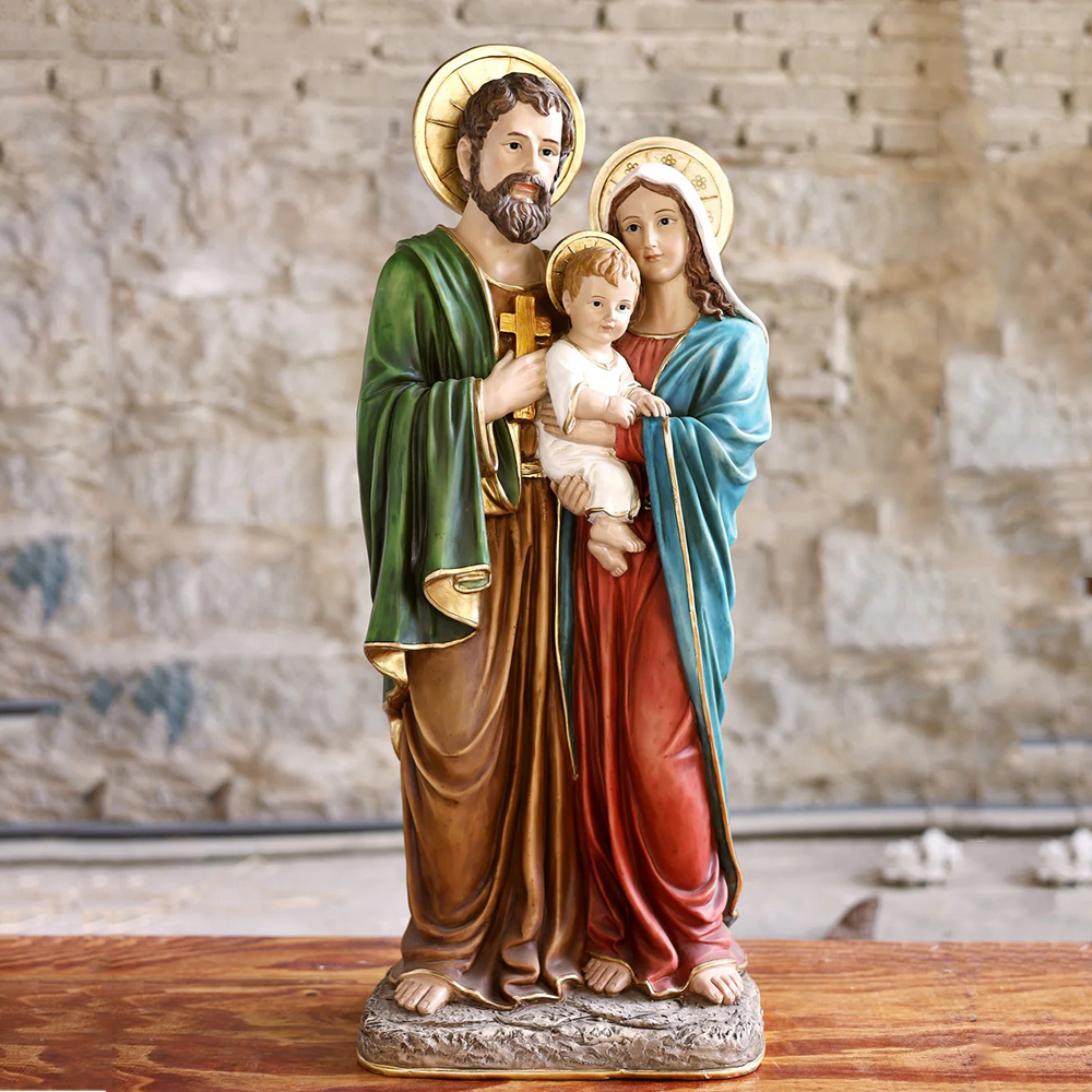 Indoor resin holy family statue on table