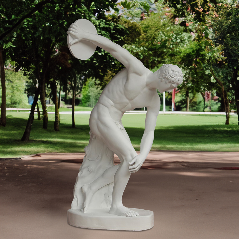 White fiberglass disk throwing statue replica