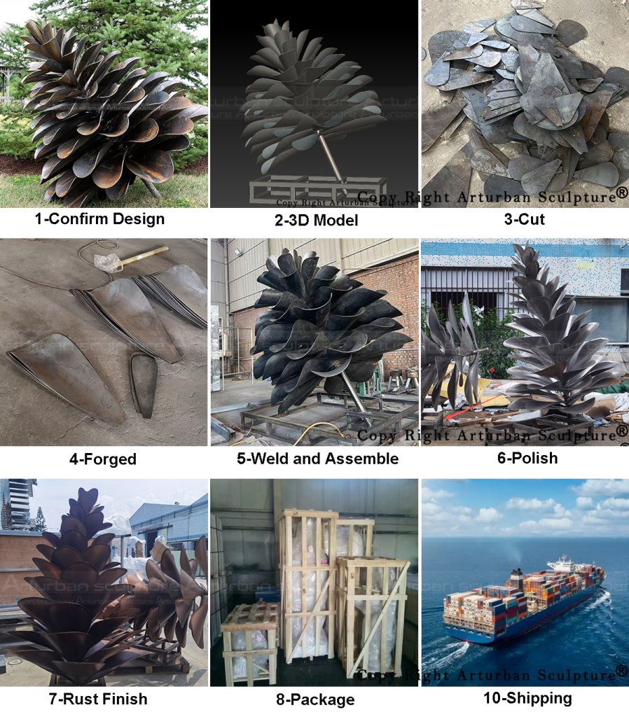 production process of making pine cone corten steel yard statue