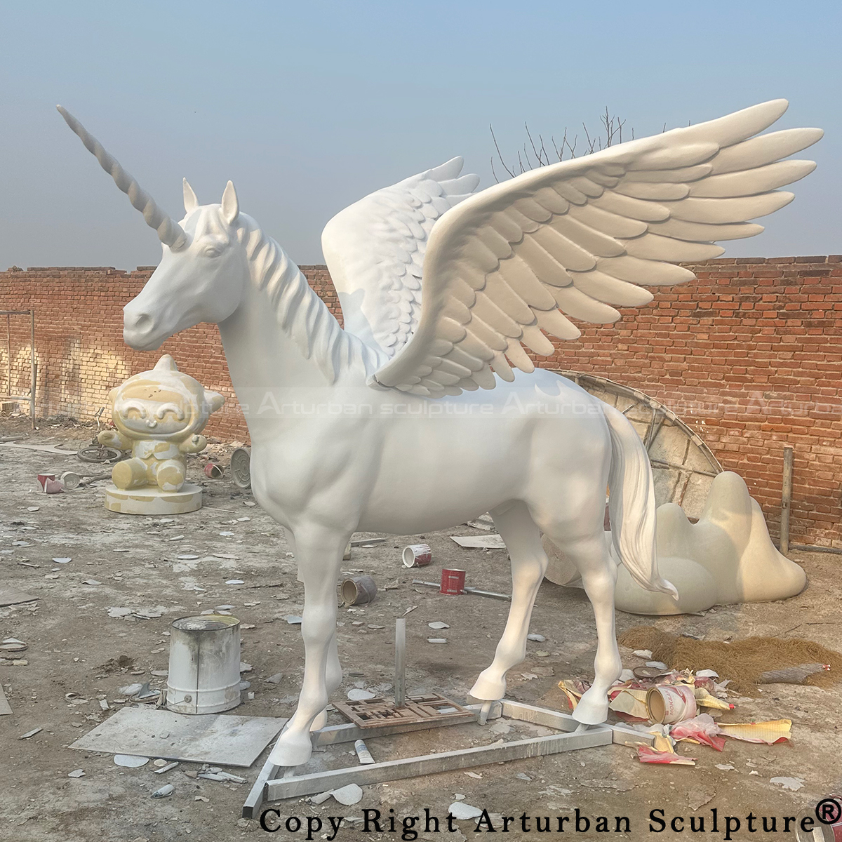 0 Finished white unicorn garden statue with wings