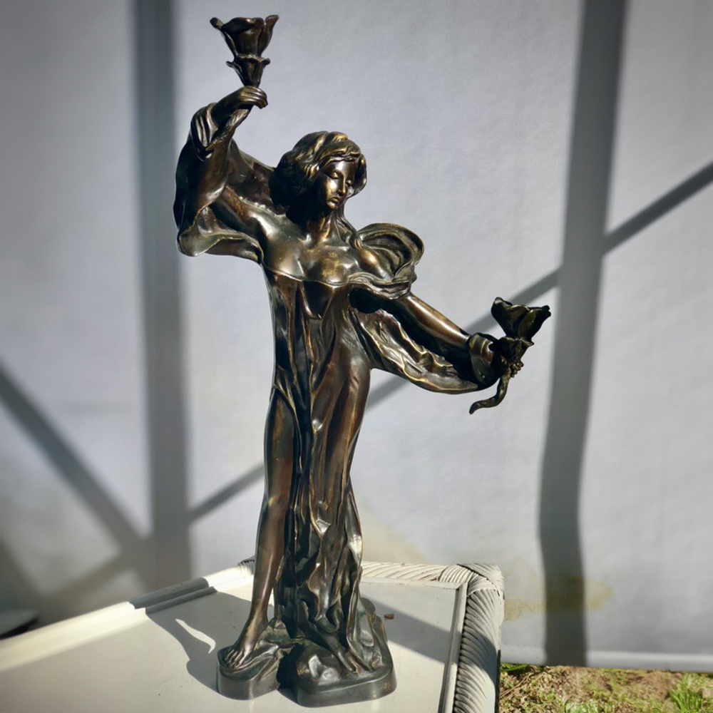 Art Nouveau Bronze Statue floral candle pose