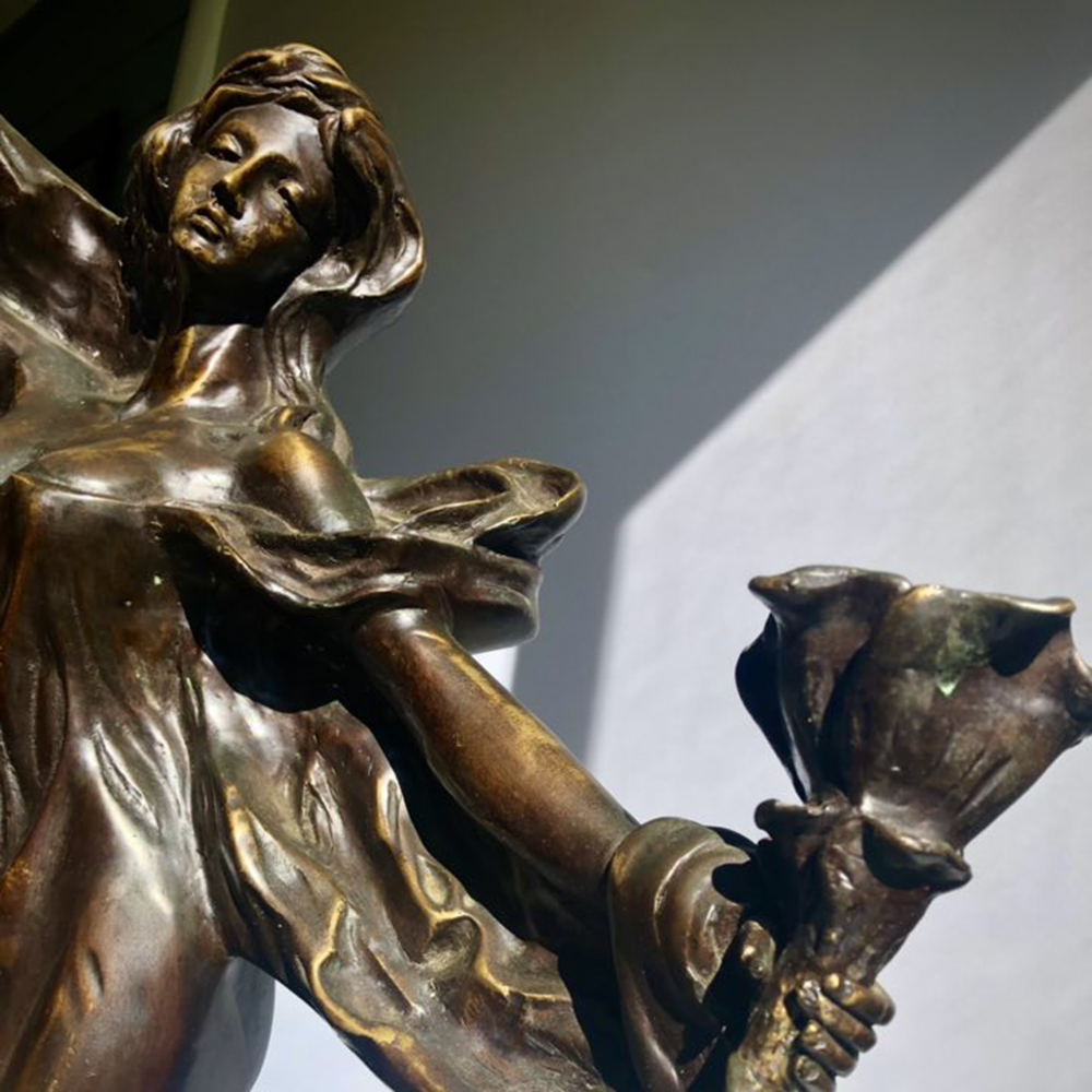 Art Nouveau Bronze Statue flower cup closeup