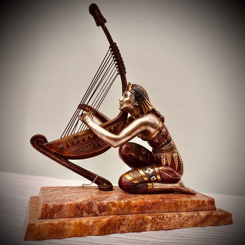 Bronze Egyptian Harp Player Statue playing