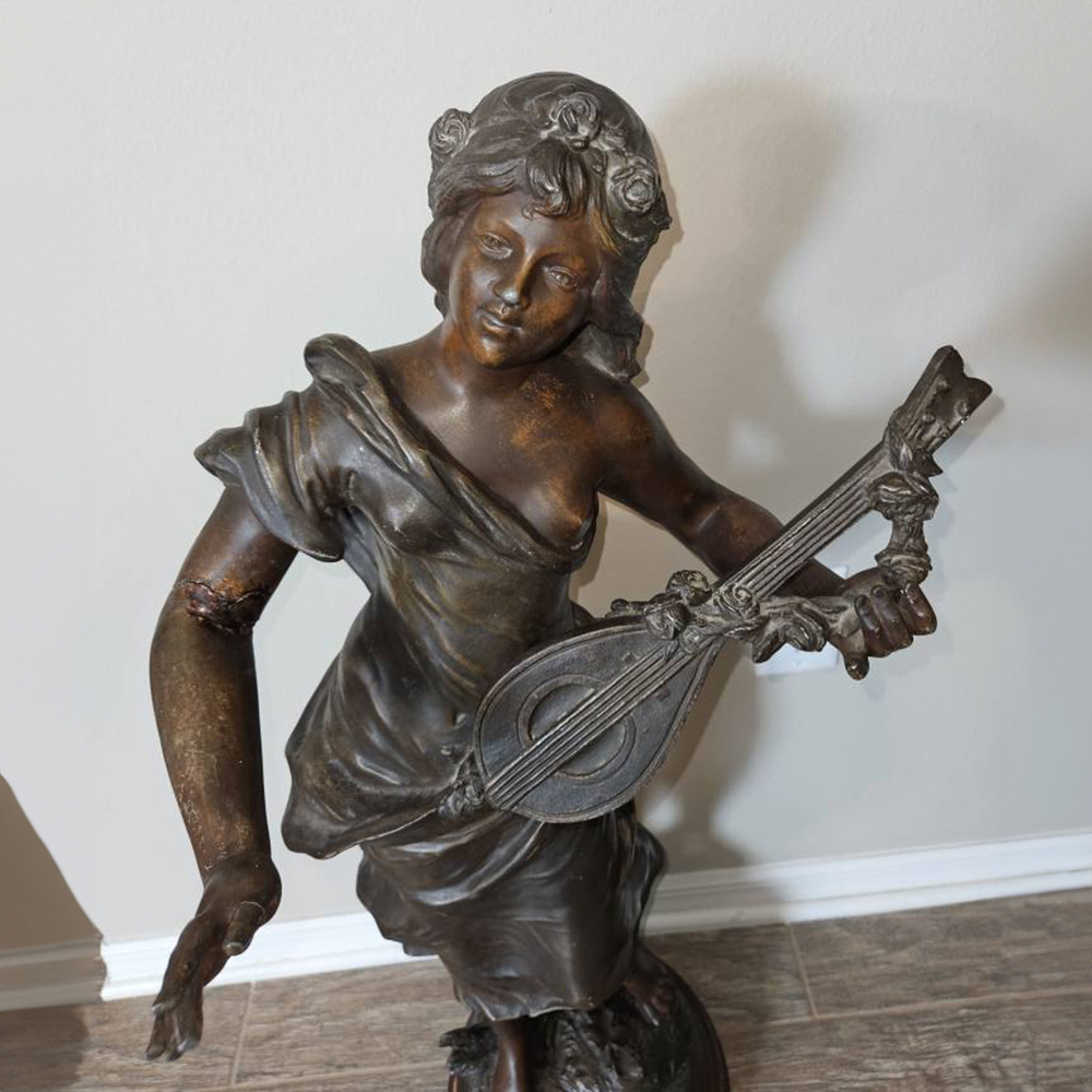 Bronze antique lady statue mandolin detail