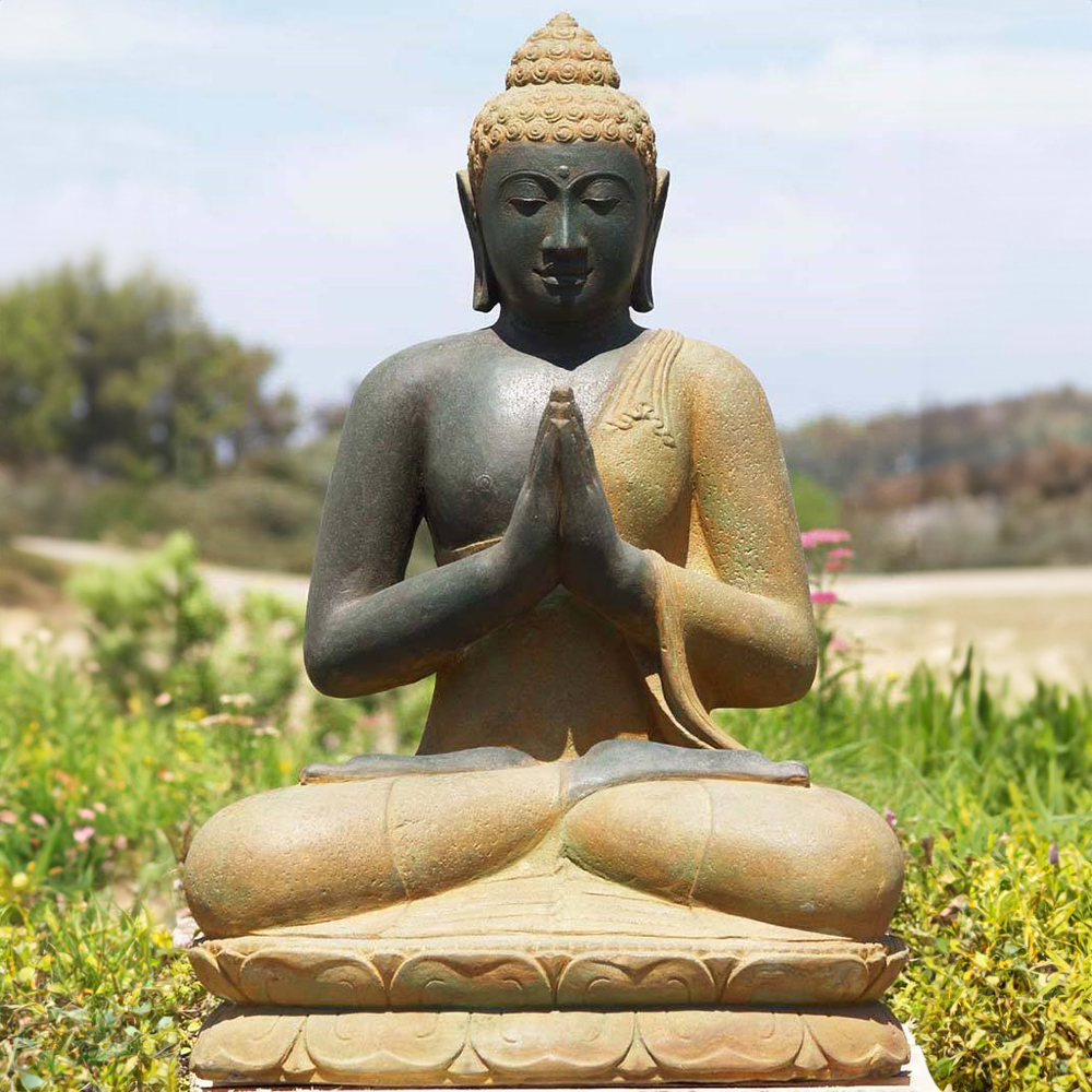 antique stone Anjali Mudra Buddha sculpture on lotus pedestal