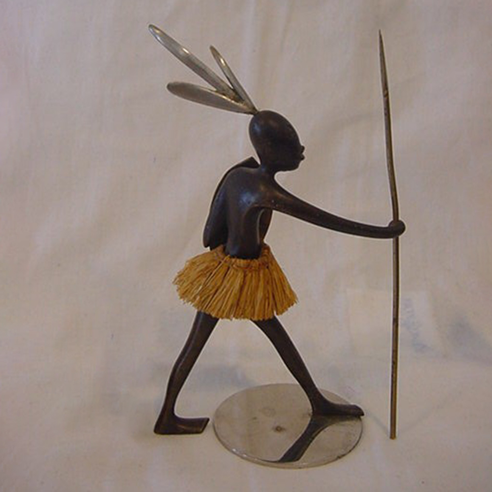 bronze African Warrior Sculpture walking with spear