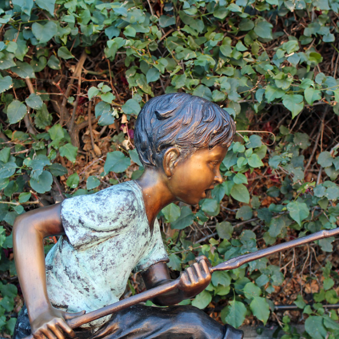 bronze Boy Fishing on Log yard Statue detailed portrait