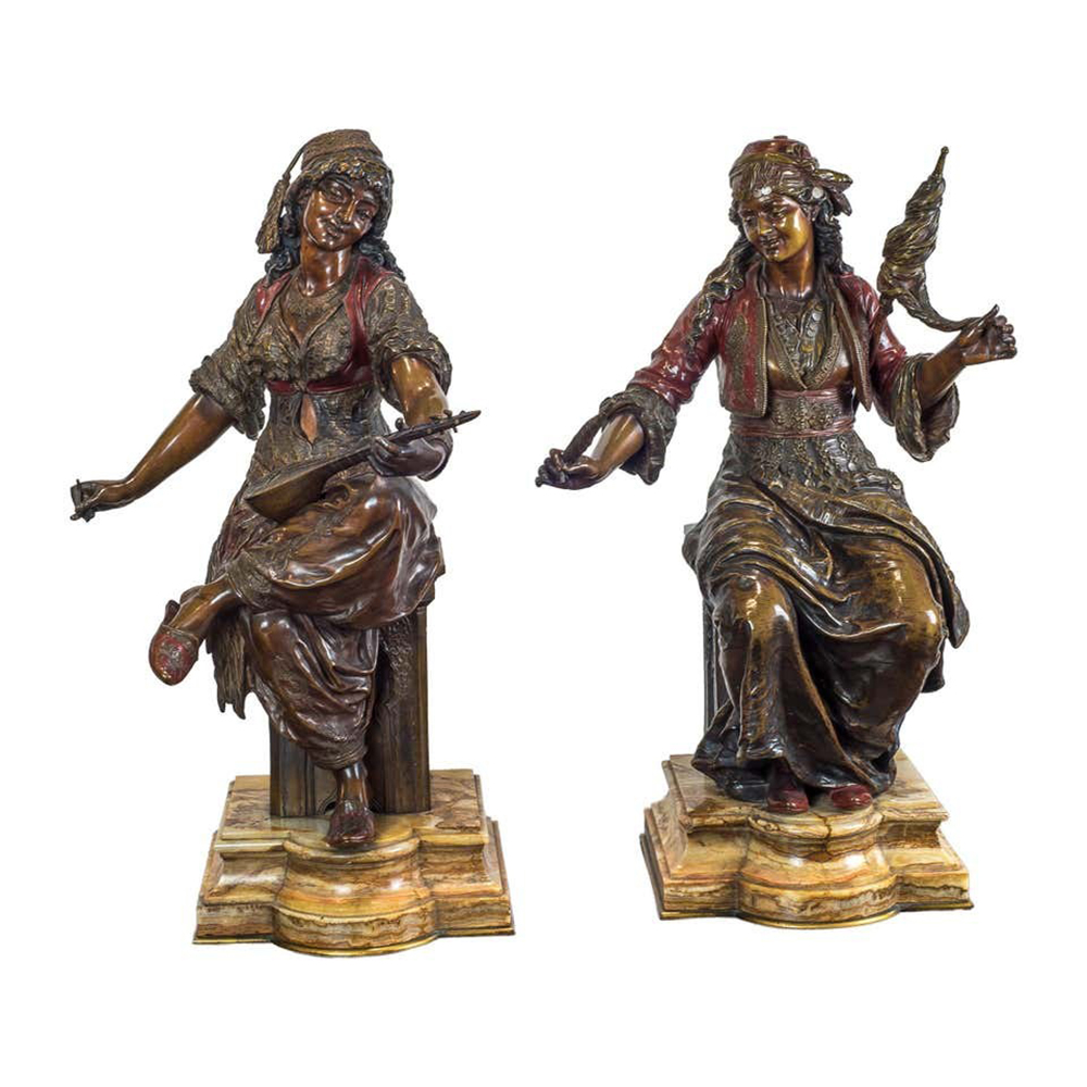 bronze Female Gypsies Statue paired seated figures