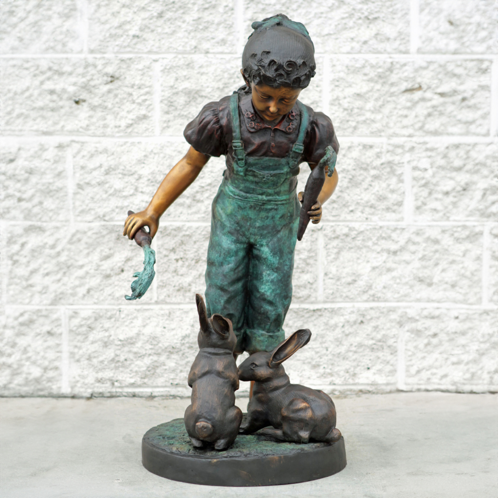 bronze Girl Feeding Rabbits Statue full figure garden