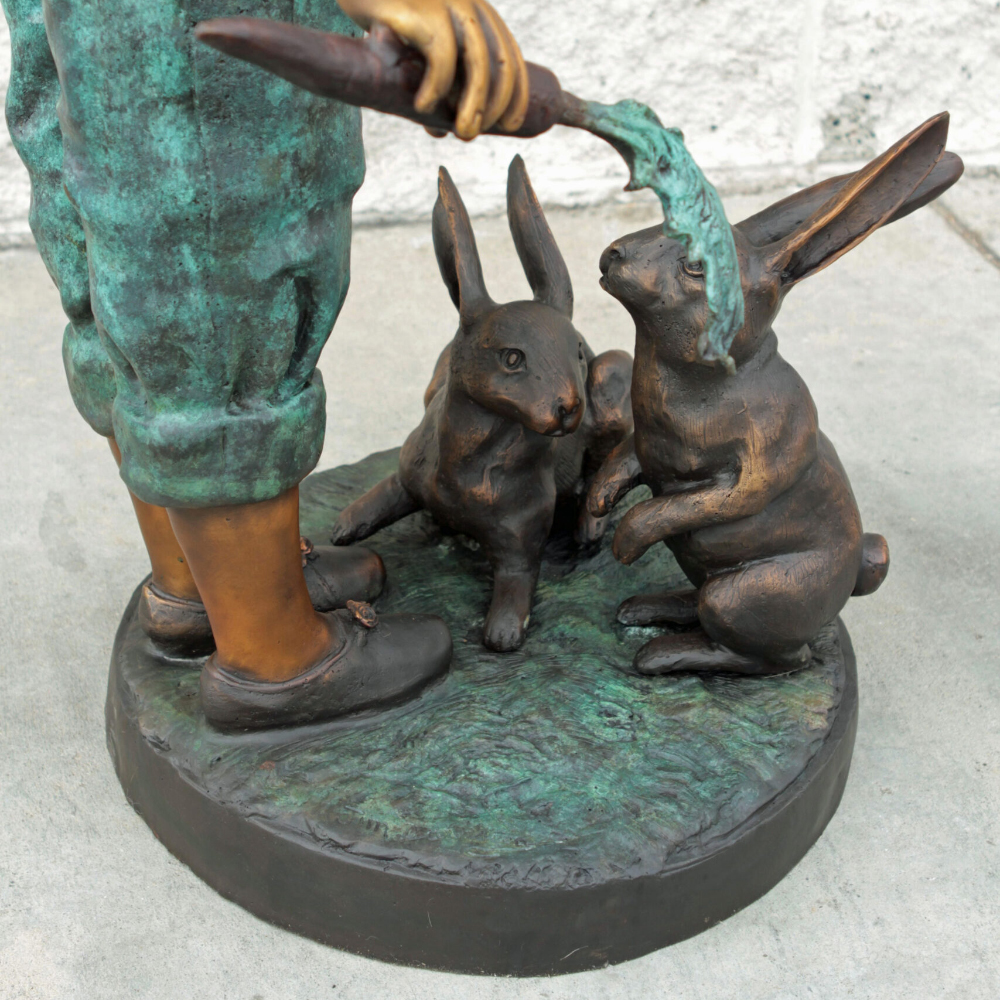 bronze Girl Feeding Rabbits Statue rabbit feeding detail