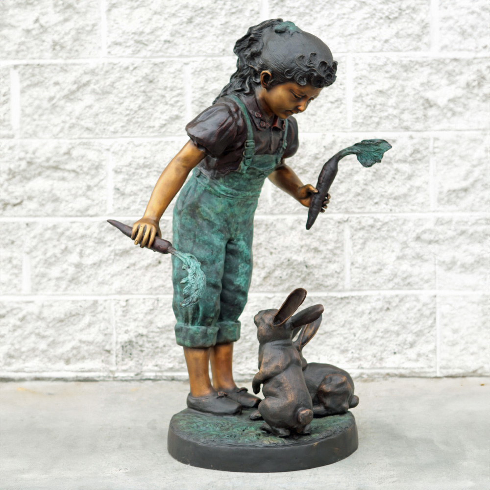 bronze Girl Feeding Rabbits Statue side interaction view