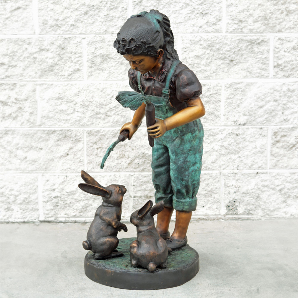 bronze Girl Feeding Rabbits Statue rabbit feeding detail