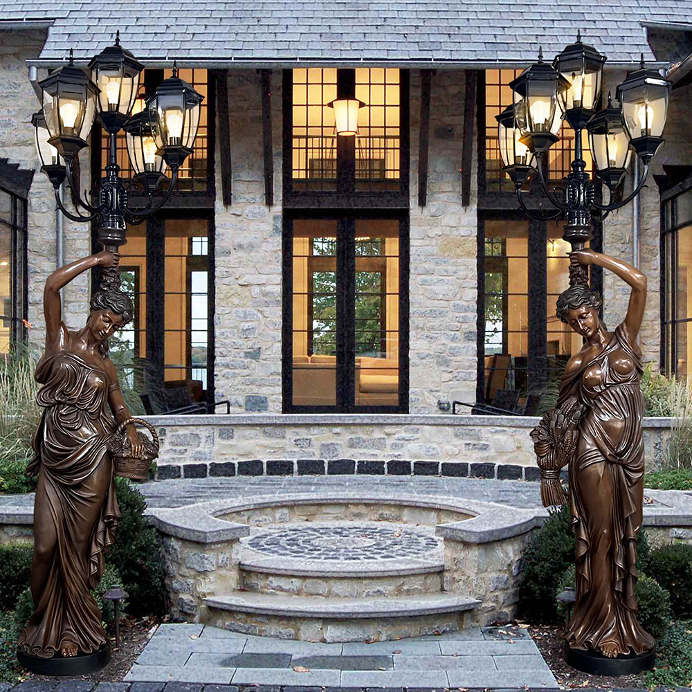 bronze Lady Holding Light Lamp garden statue