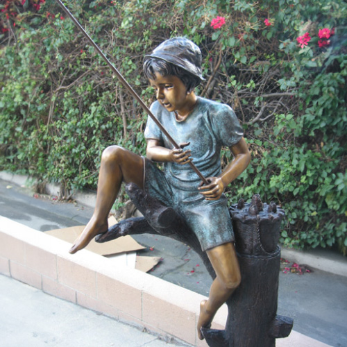 bronze Large Boy Fishing Statue close-up view