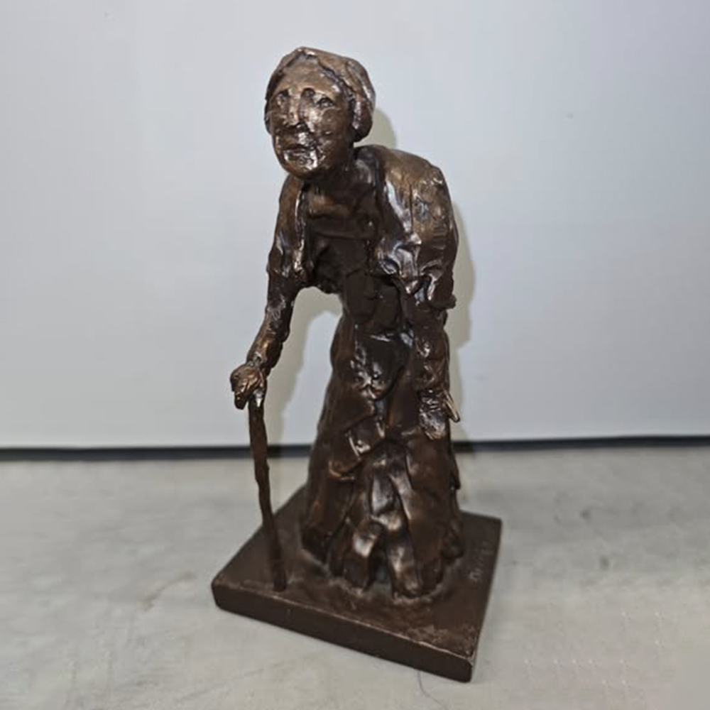 bronze Old Lady Sculpture front cane pose