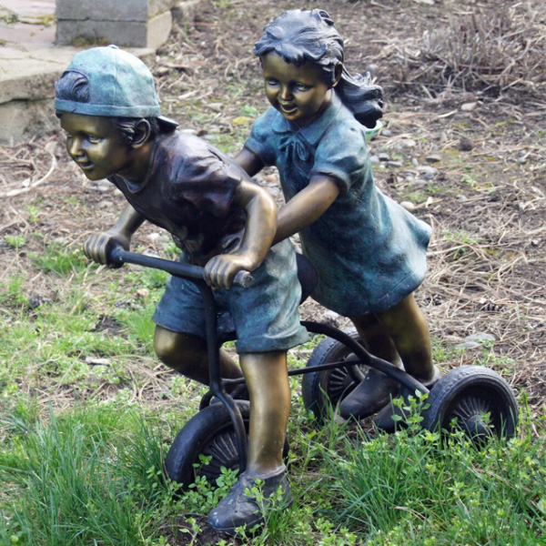 bronze Outdoor Kids Sculpture garden children riding scene