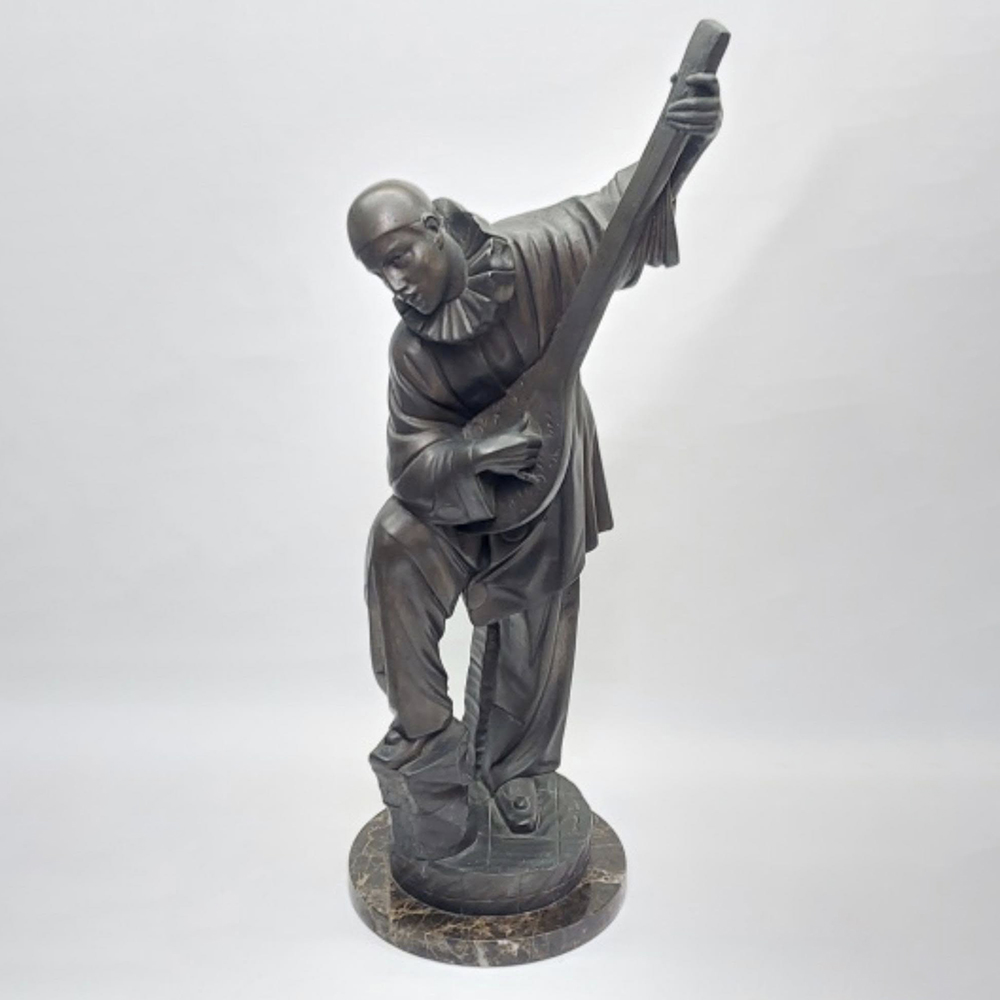 bronze Pierrot Sculpture with mandolin pose