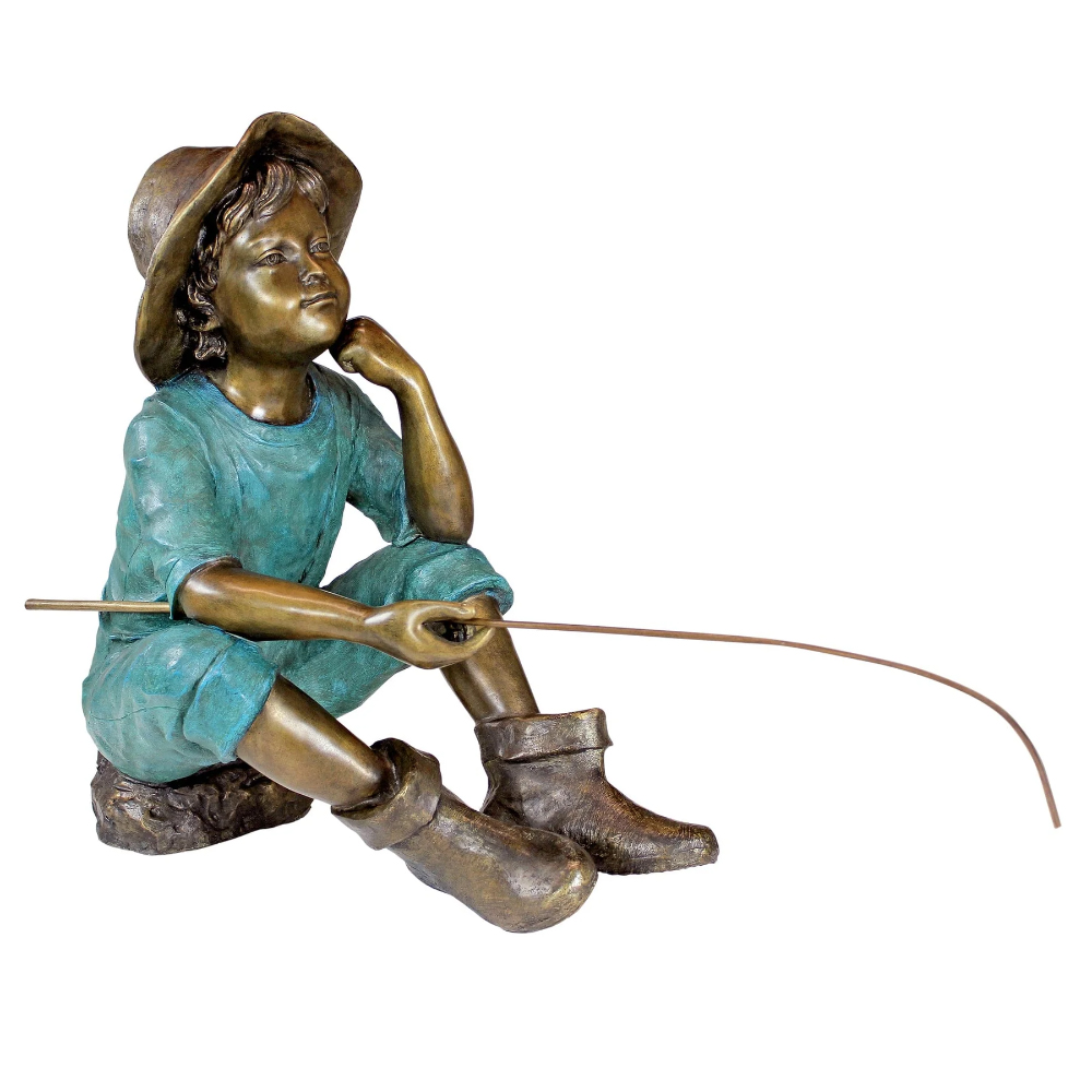 bronze Sitting Fishing Boy Statue detailed fishing rod