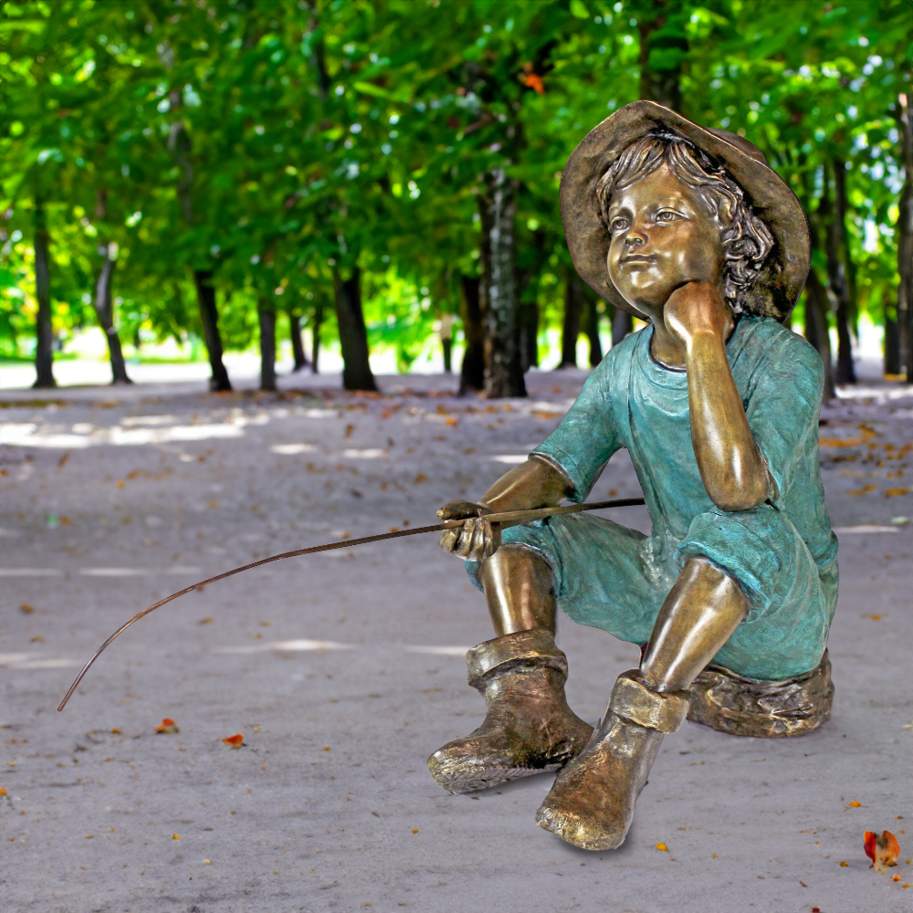 bronze Sitting Fishing Boy Statue front garden view