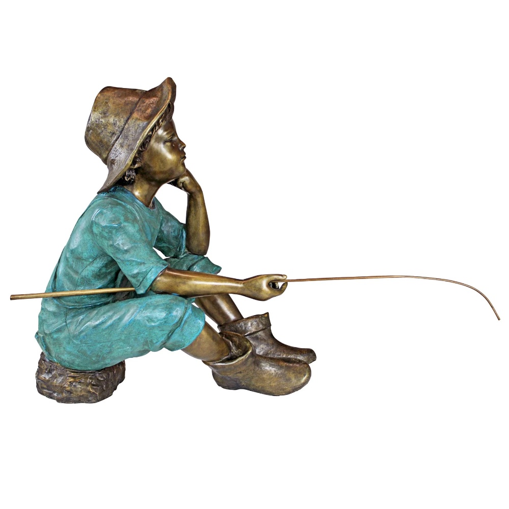 bronze Sitting Fishing Boy Statue outdoor park setting