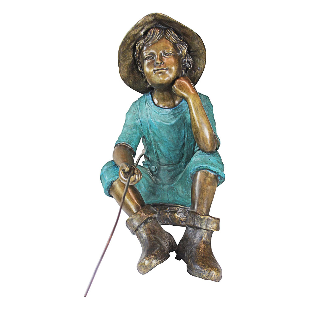 bronze Sitting Fishing Boy Statue pondside