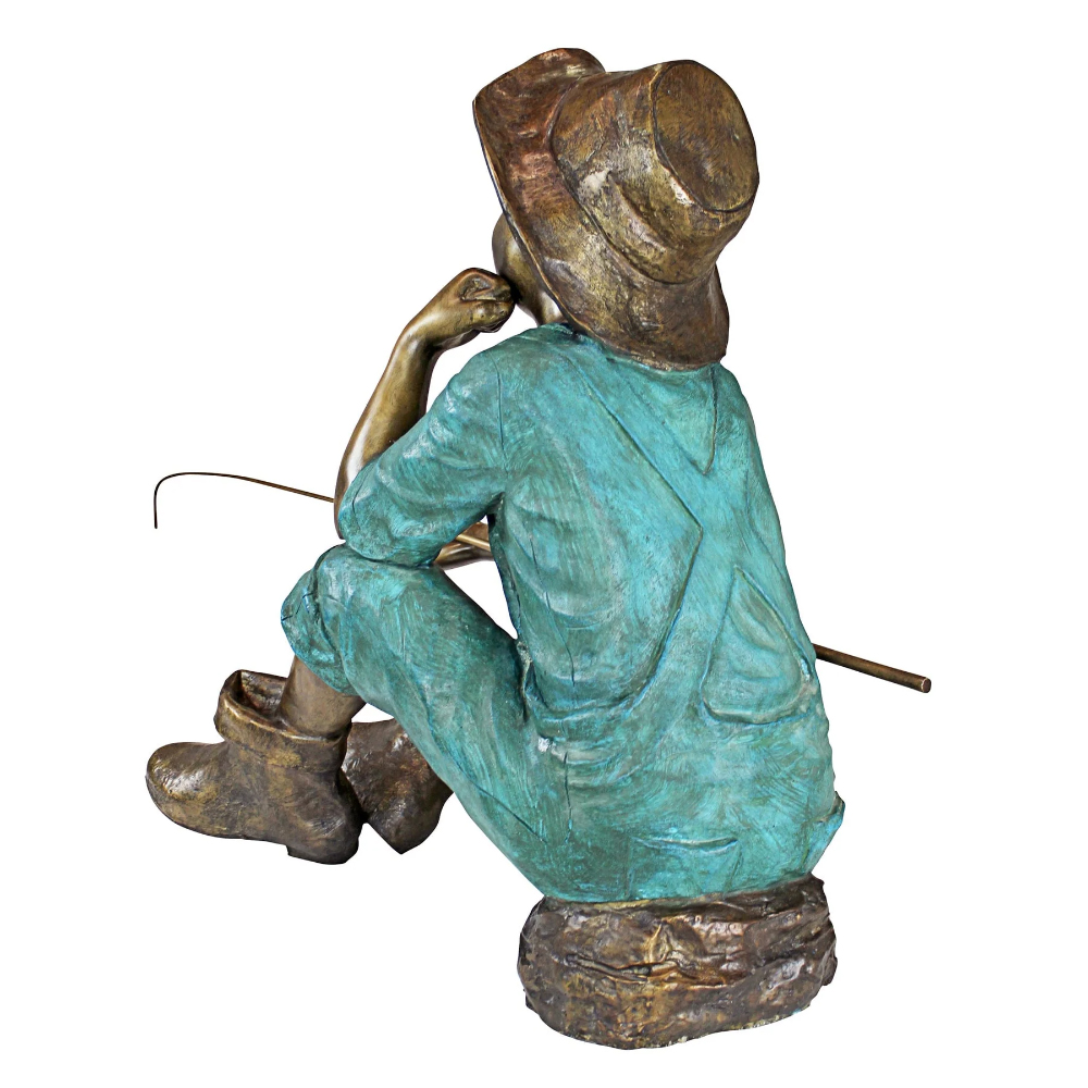 bronze Sitting Fishing Boy Statue rear hat detail