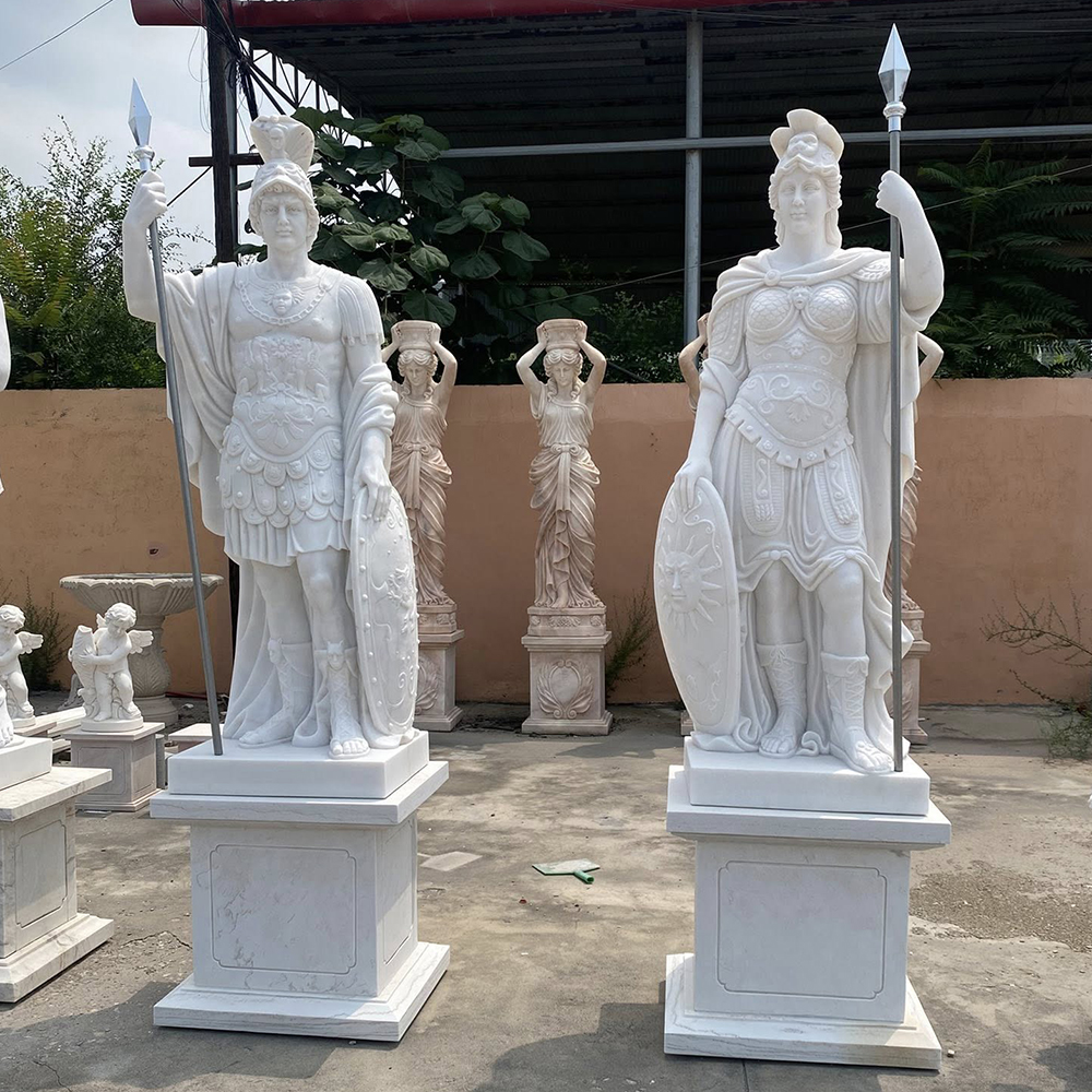 marble Minerva and Mars Statue garden pair