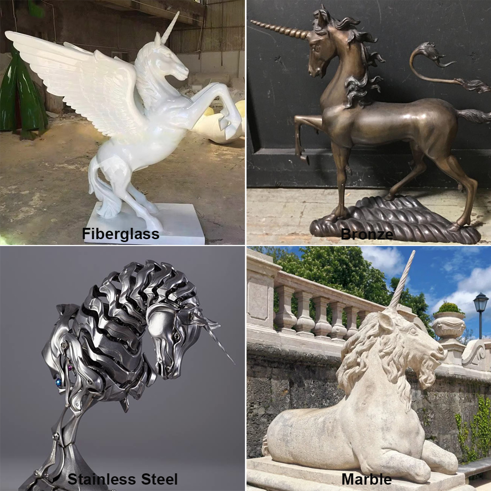unicorn statues in four materials