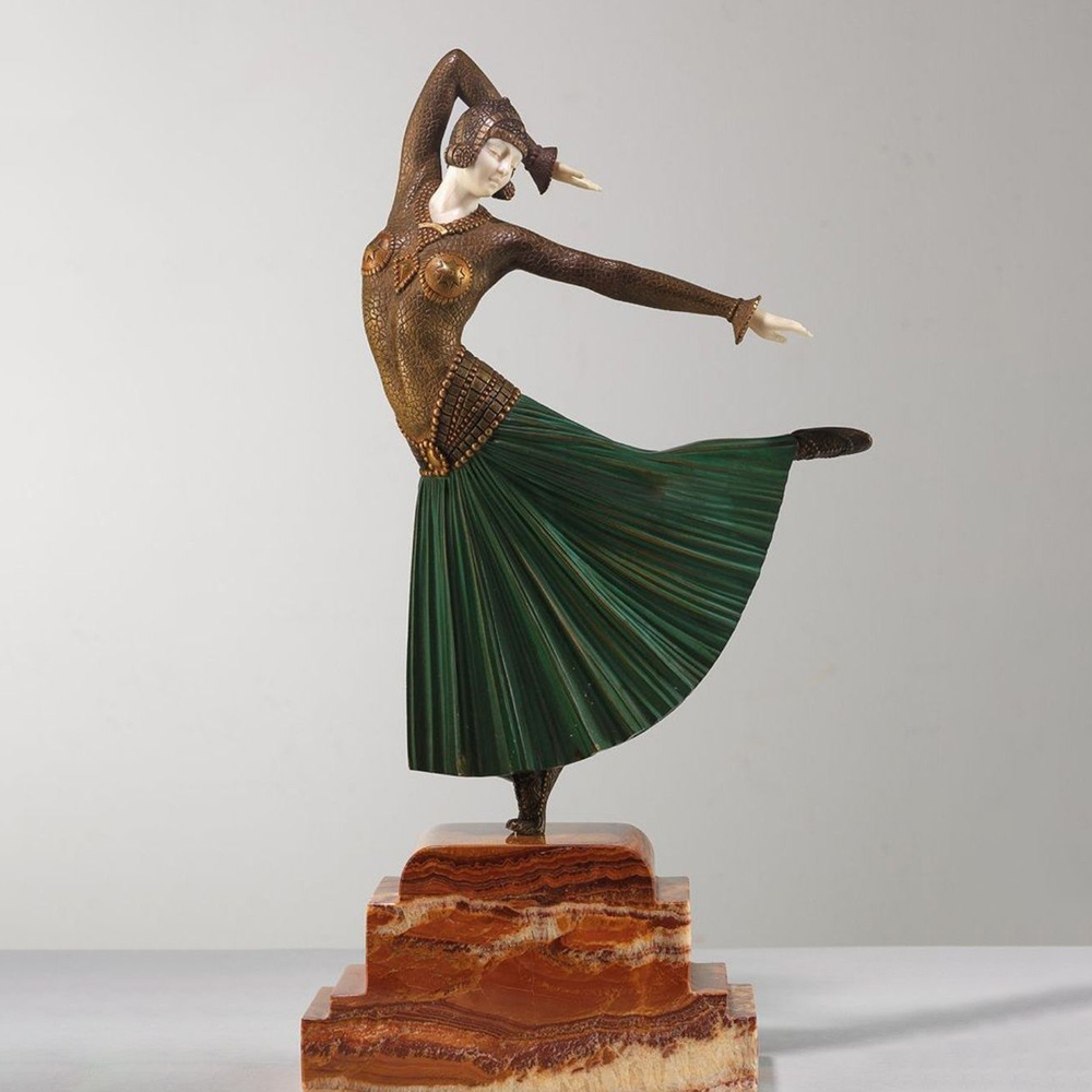 Art Deco Bronze Dancer bronze green skirt