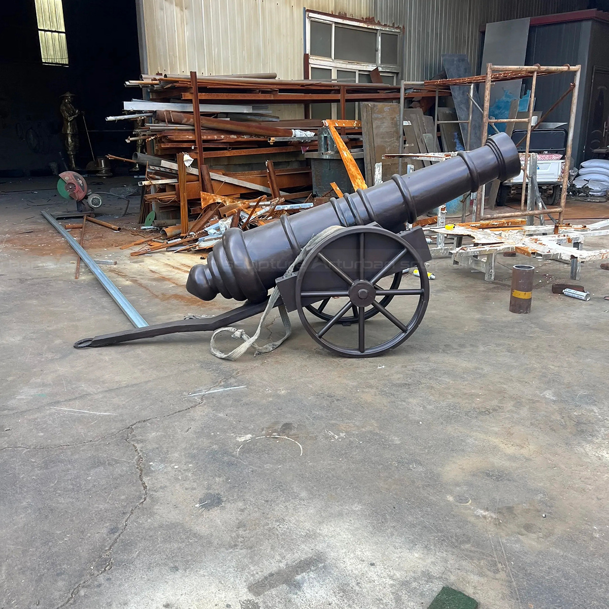 Bronze Cannon Sculpture with Spoked Wheels