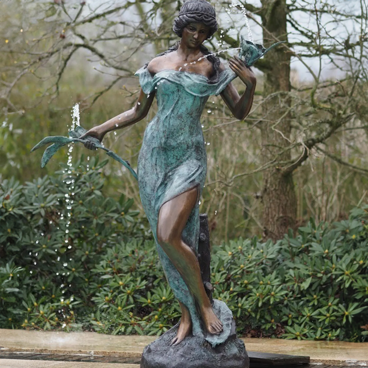 Bronze Female Statue Water Feature holding flowers