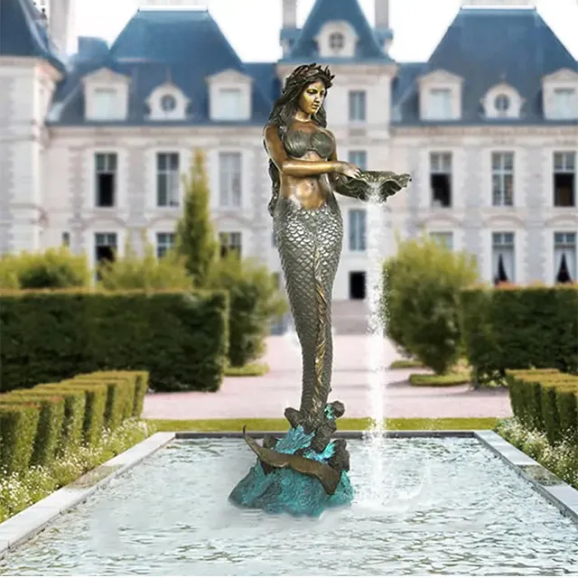 Bronze Mermaid Fountain Statue in Formal Garden