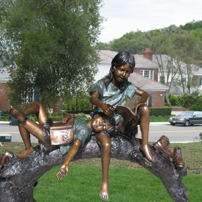 Bronze Outdoor Reading Children Sculpture garden scene