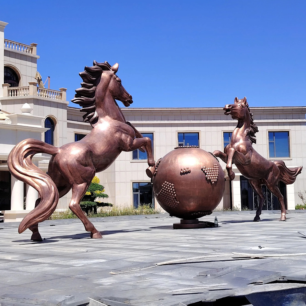 Bronze Two Horses Sculpture with Globe
