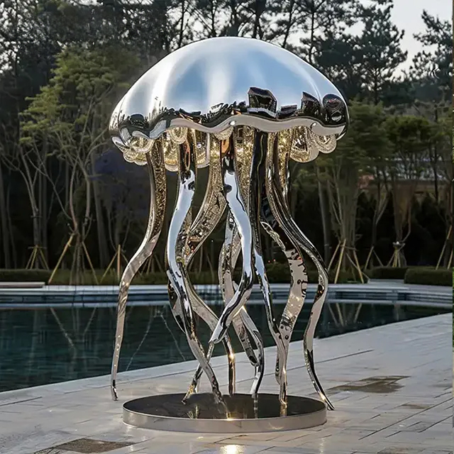 Compact Stainless Steel Jellyfish Statue poolside