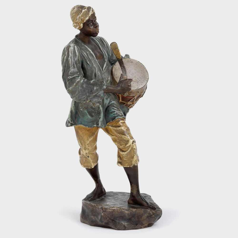 Drummer Statue bronze musician holding hand drum