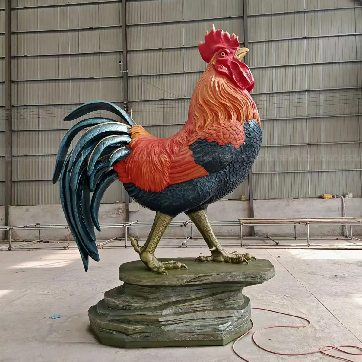 Fiberglass Outdoor Rooster Sculpture with Rock Base