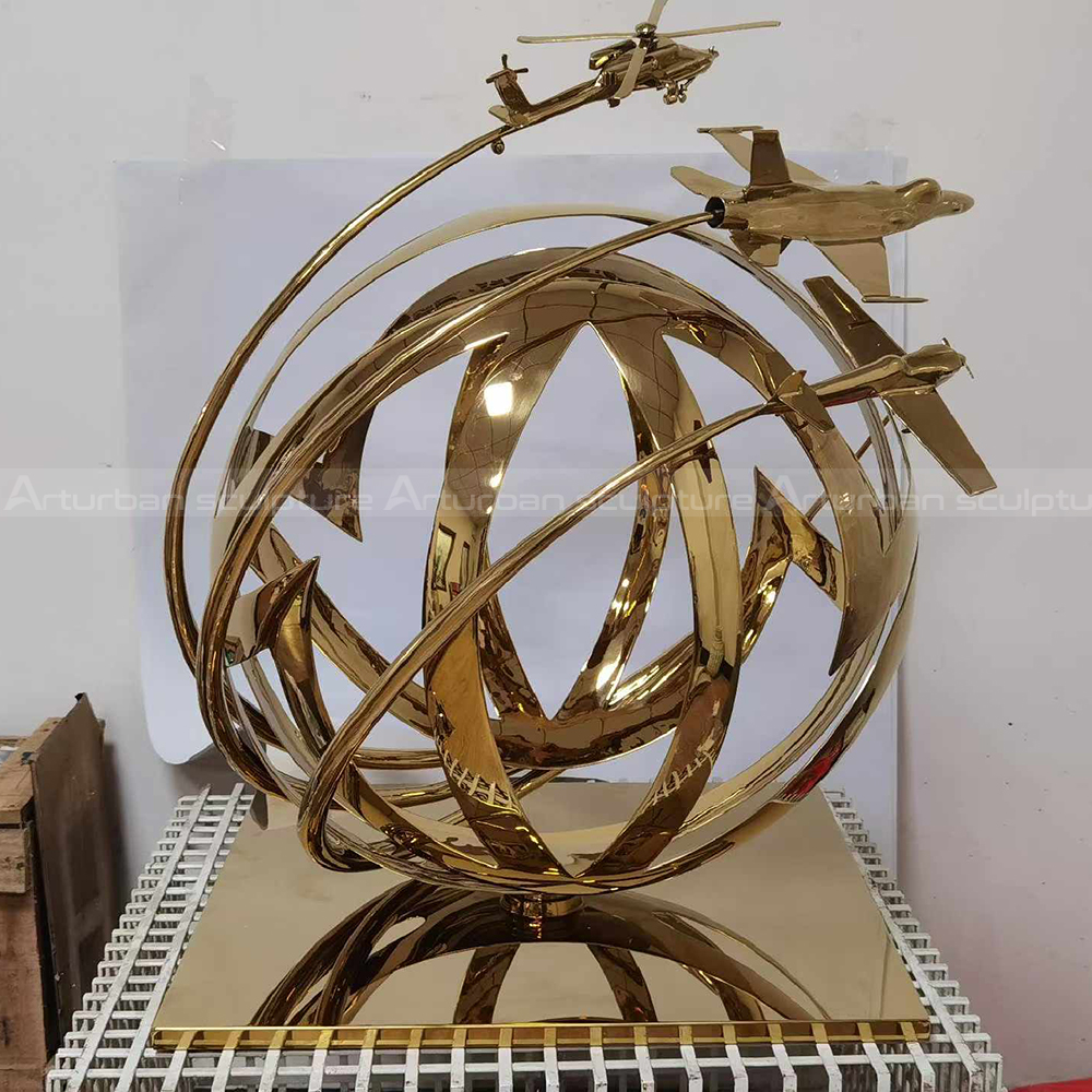 Golden stainless steel Aviation Sculpture with aircraft