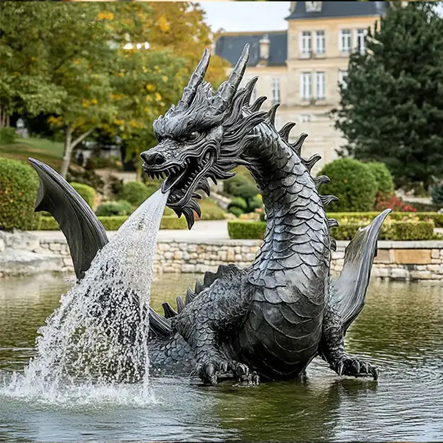 Large Chinese Dragon Water Fountain in pond