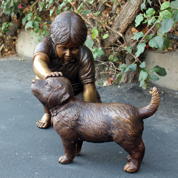 Outdoor Bronze Boy and Puppy Statue